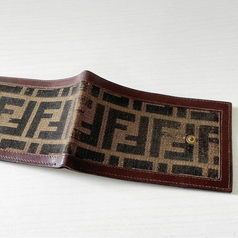 Fendi vintage brown monogram zucca canvas and leather bifold wallet